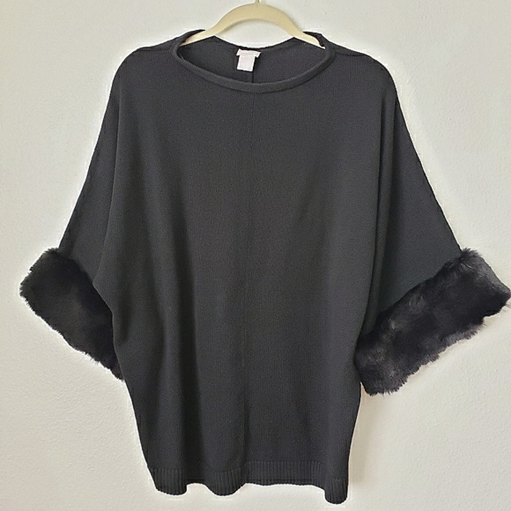 NWT Chico's Faux Fur Cuff Pullover Black Sweater Size 2